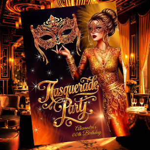 Invitación Dress dorado naranja impresionante cumpleaños Masq