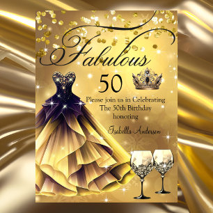 Invitación Dress Fabuloso Cumpleaños 50 Dorado negro Reina co