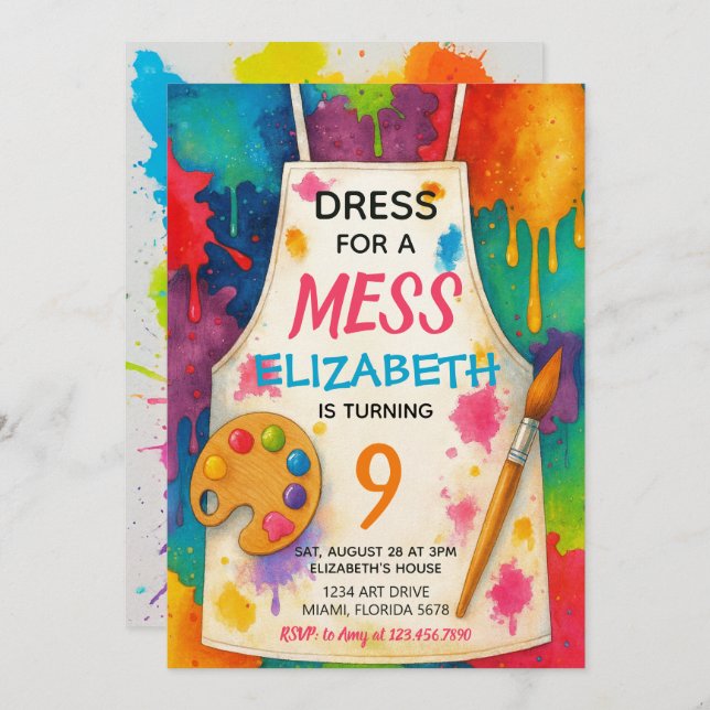 Invitación Dress for a Mess Art Party Birthday (Anverso / Reverso)