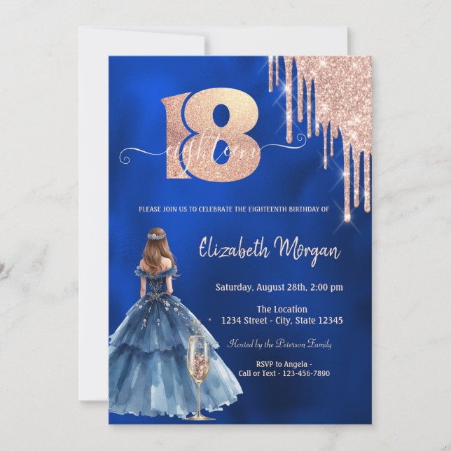 Invitación  Dress Glitter Drips Glass Blue 18th Birthday  (Anverso)