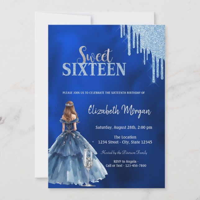 Invitación  Dress Glitter Drips Glass Blue Sweet 16 (Anverso)