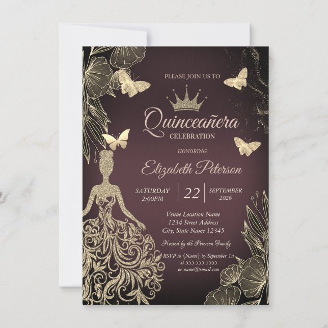 Invitación Dress,Gold Butterfllies Flowers Dark Quinceañera (Anverso)
