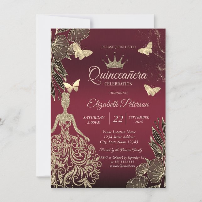 Invitación Dress,Gold Butterfllies Flowers Red Quinceañera (Anverso)