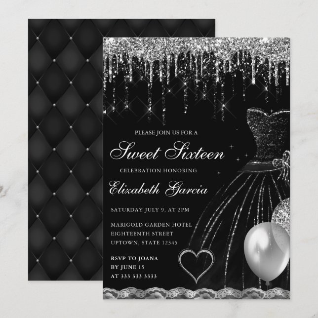 Invitación Dress negro y Purpurina de goteo plateado dulce 16 (Anverso / Reverso)