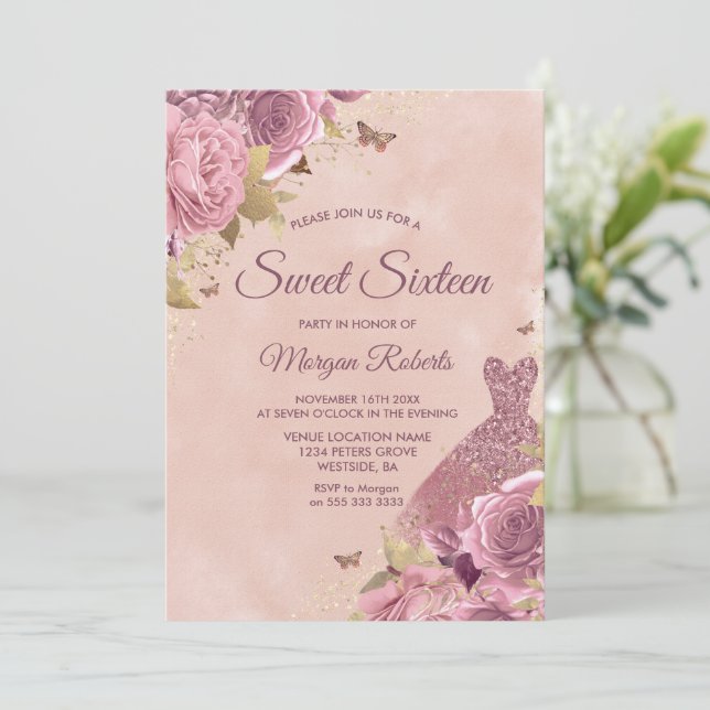 Invitación Dress Rubor Dusty Rosa Dulce Floral 16 Fiesta (Anverso de pie)