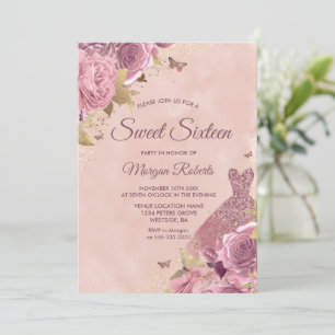 Invitación Dress Rubor Dusty Rosa Dulce Floral 16 Fiesta