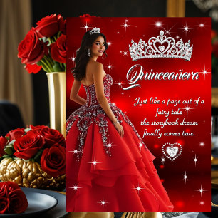 Invitación Dress Tiara de Cumpleaños Quinceañera Rojo Platead