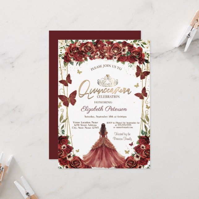Invitación Dress Tiara de Oro, Mariposas Flores Rojas (Anverso/Reverso In Situ)