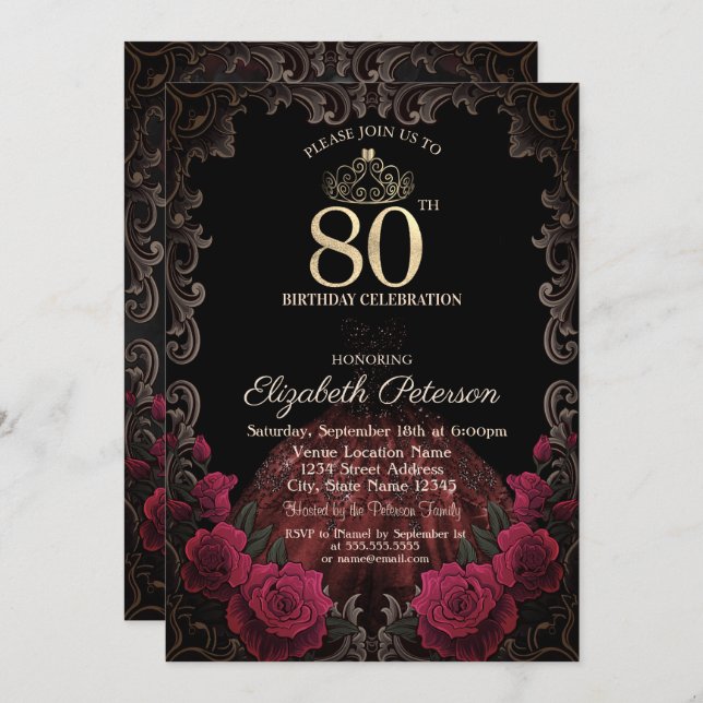 Invitación  Dress,Tiara,Red Roses Gothic Frame 80th Birthday (Anverso / Reverso)