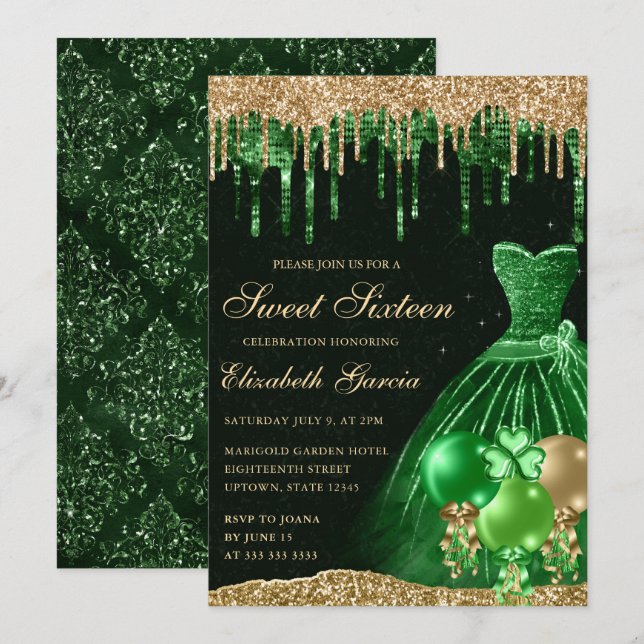 Invitación Dress verde y Purpurina de goteo de oro dulce 16 (Anverso / Reverso)