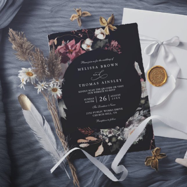 Invitación Dried Burgundy Rustic Florals Boho QR Code Wedding (Subido por el creador)