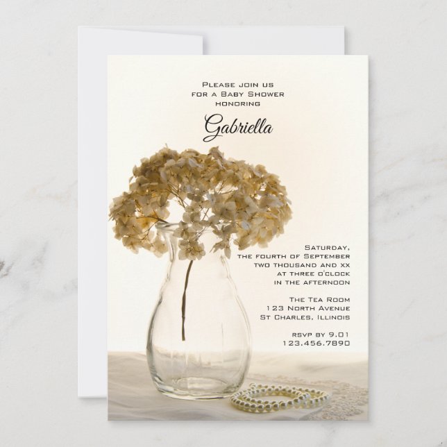 Invitación Dried Hydrangeas y Pearls Baby Shower (Anverso)