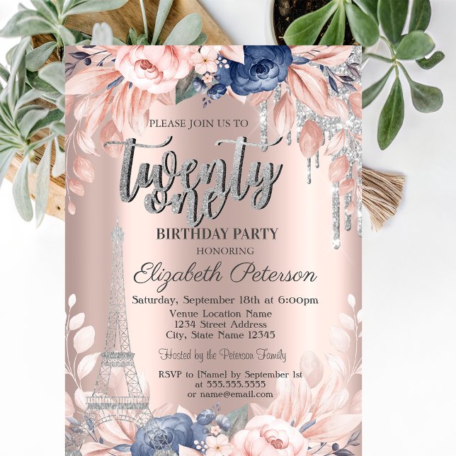 Invitación Drip de purpurina,Flores de la Torre Eiffel Cumple (Subido por el creador)