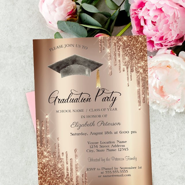 Invitación Drip de purpurina, Gorro de graduación  (Subido por el creador)