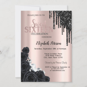 Invitación Drip de purpurina negra, rosas, dulces 16 rosa oro