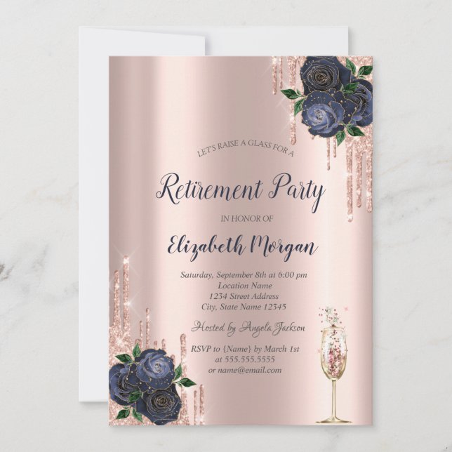 Invitación Drip de purpurina, Rosas azules marino Jubilación (Anverso)