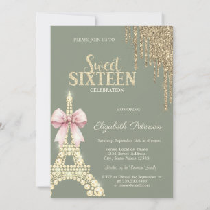 Invitación Drip de purpurina, Torre Eiffel con lazo Verde Sal