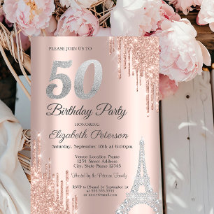 Invitación Drip de purpurina, Torre Eiffel de diamantes 50 cu