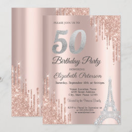 Invitación Drip de purpurina, Torre Eiffel de diamantes 50 cu