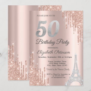 Invitación Drip de purpurina, Torre Eiffel de diamantes 50 cu
