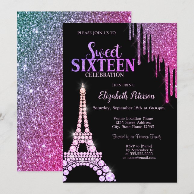 Invitación Drip de purpurina, Torre Eiffel Negra Cumpleaños D (Anverso / Reverso)
