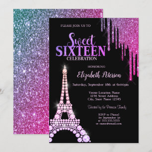 Invitación Drip de purpurina, Torre Eiffel Negra Cumpleaños D