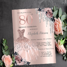 Invitación Drip de purpurina, vestido, rosas Cumpleaños 80 ro