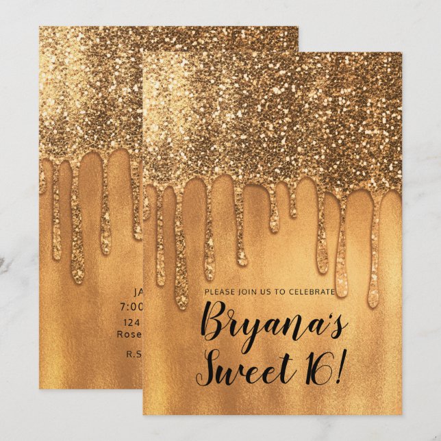 Invitación Dripping in Gold Honey Glitter Fiesta de Dulces 16 (Anverso / Reverso)