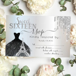Invitación Drips Black Dress Eiffel Tower Sweet 16 RSVP