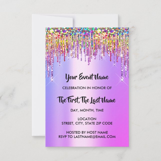 Invitación Drips Bridal Shower Sweet 16th Holograph Pink (Anverso)