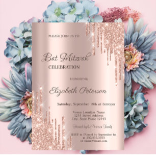 Invitación Drips Brillantes Modernos Bar Mitzvah Rosa Dorado
