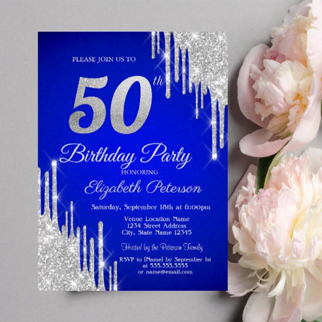 Invitación Drips de purpurina plateada Cumpleaños 50 azul rea (Subido por el creador)