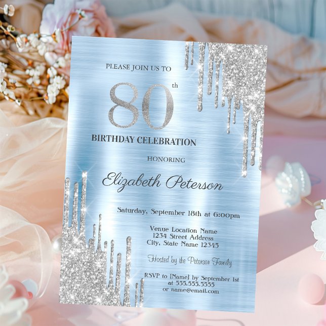 Invitación Drips de purpurina plateada Cumpleaños 80 azul met (Subido por el creador)