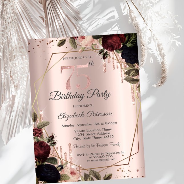 Invitación Drips de purpurina rosa oro Flores oscuras 75º (Subido por el creador)