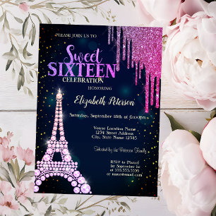 Invitación Drips de purpurina, Torre Eiffel Azul Marino Sweet