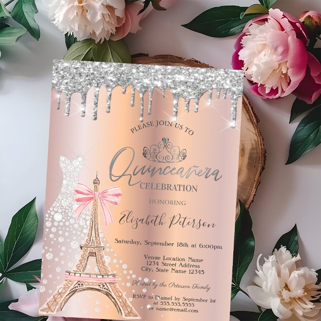 Invitación  Drips Diamond Dress Eiffel Tower Bow Quinceañera  (Subido por el creador)