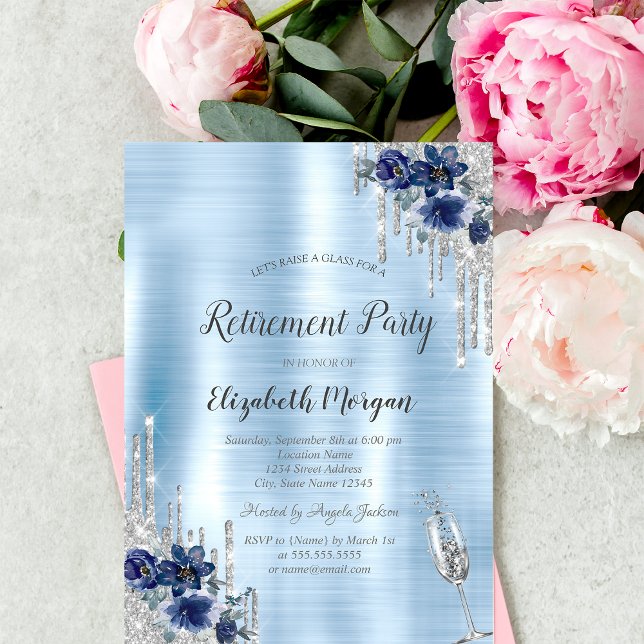 Invitación Drips, Flores Azules Fondo Metálico Azul (Subido por el creador)