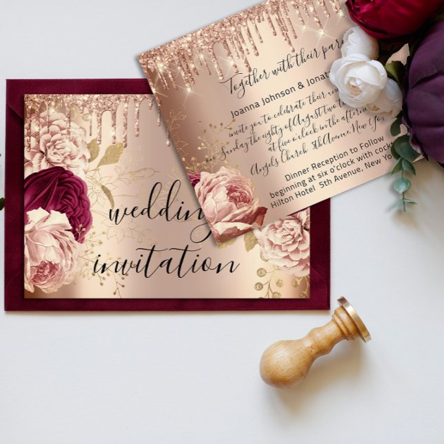 Invitación Drips Marsala Boda Rosa Rosas de oro (Drips Marsala Wedding Rose Gold Roses Invitation)