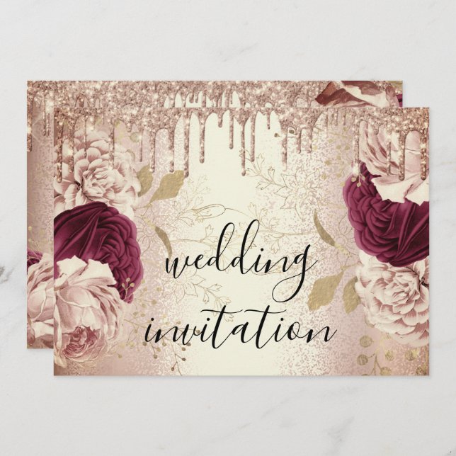 Invitación Drips Marsala Boda Rosa Rosas de oro Borgoña (Anverso / Reverso)