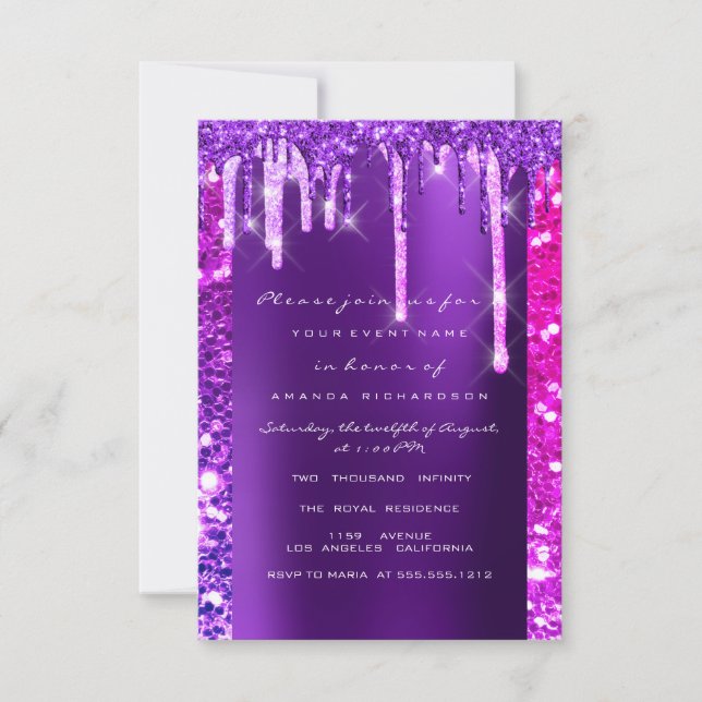 Invitación Drips Morado Rosa Ducha Bridal Dulce 16° (Anverso)