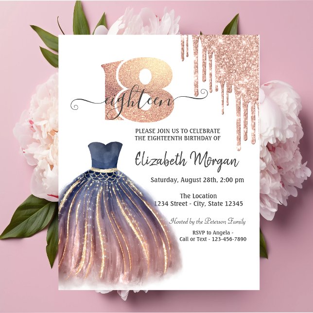 Invitación Drips Rosa Moda de oro Vestido Plata 18 cumpleaños (Subido por el creador)