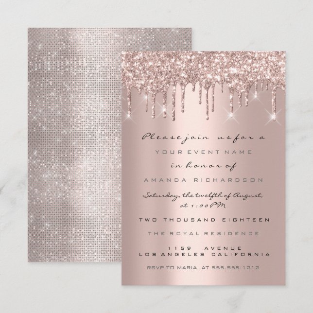 Invitación Drips Rose Gold  Bridal Shower Cumpleaños 16 (Anverso / Reverso)