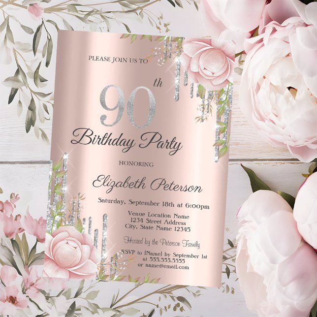 Invitación Drips Rose Gold Flores Cumpleaños 90 (Subido por el creador)