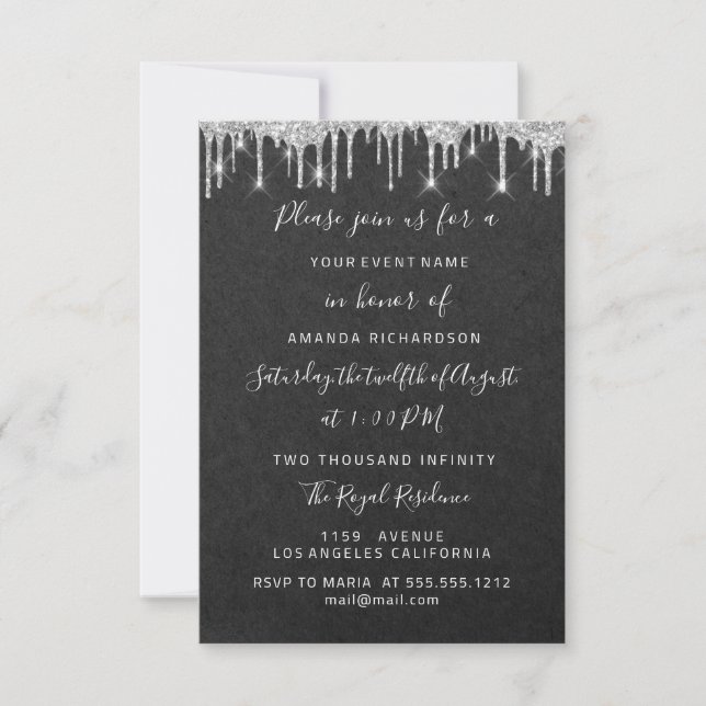 Invitación Drips Silver Bridal Boda Sweet 16th Graphite (Anverso)