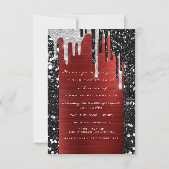 Invitación Drips Silver Red Black Bridal Shower Sweet 16th (Anverso)