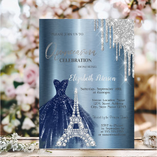 Invitación Drips, Vestido Azul, Eiffel Metallic Quinceañera