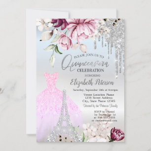 Invitación Drips, Vestido, Torre Eiffel Lilas Rosas Quinceañe