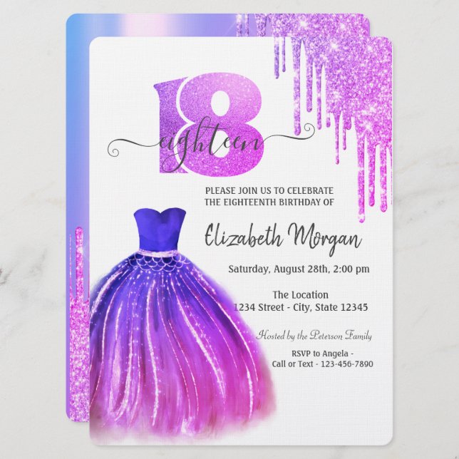 Invitación Drips Violet Moda Vestido Plata 18 cumpleaños (Anverso / Reverso)