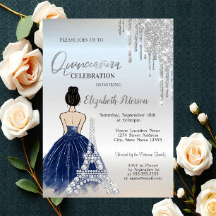 Invitación Dris,Chica de vestir azul Torre Eiffel Quinceañera
