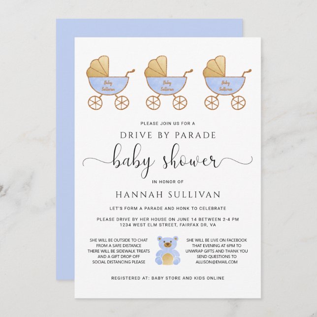 Invitación Drive by Baby Boy Shower | Azul de transporte retr (Anverso / Reverso)